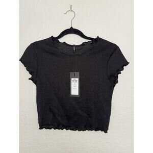 Only Kitty Baby Tee Tshirt Black Ruffle Crop Top Size Medium BNWT
